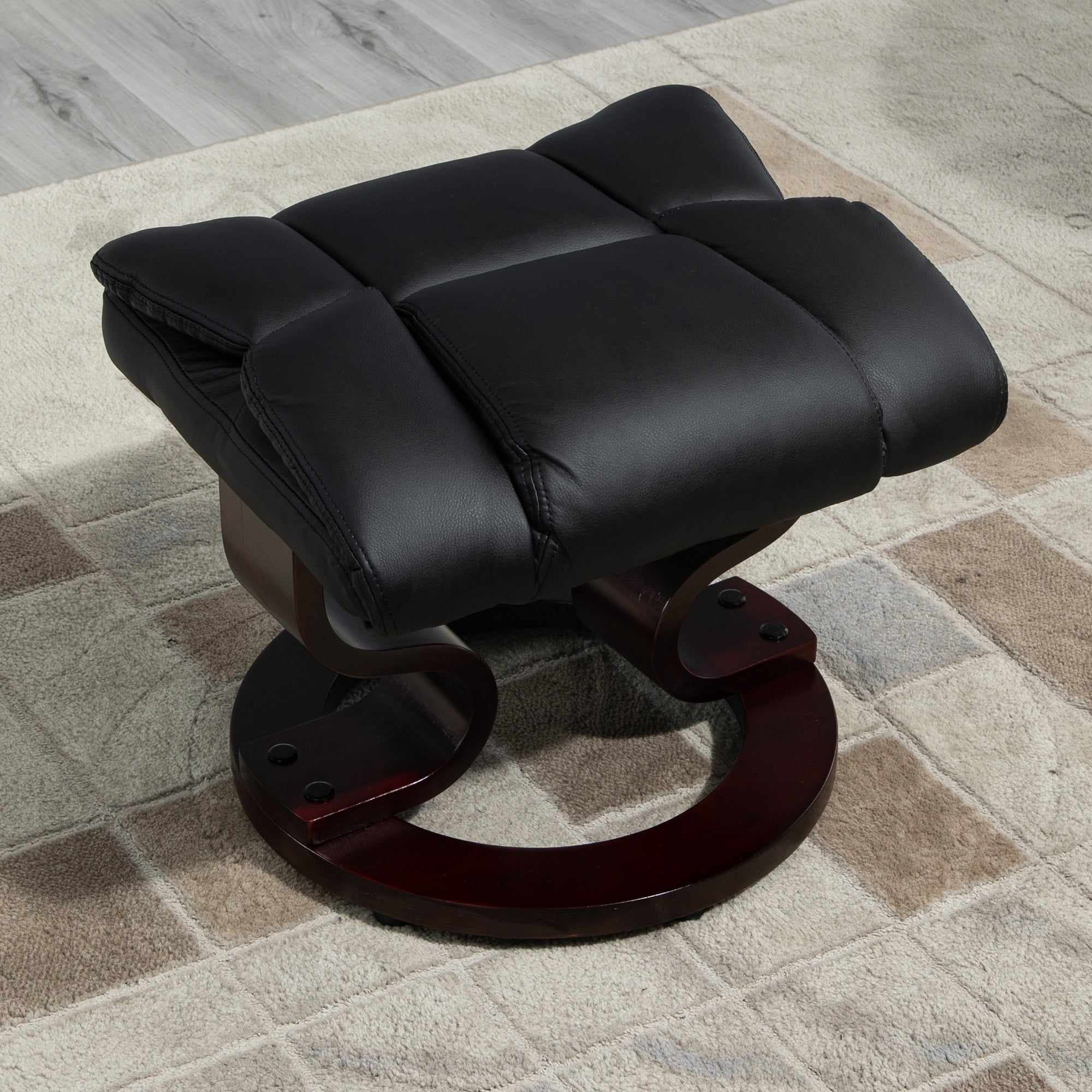 HOMCOM 360° Swivel Recliner Chair with Footstool, PU Leather Manual Recliner Armchair with Solid Wood Base, Upholstered Reclining Chair for Living Room, Bedroom, Office, Black